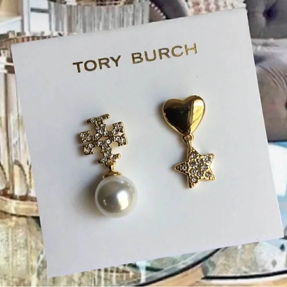 TORY BURCH MISMATCHED PEARL, HEART START DOUBLE T LOGO EARRINGS 14K GOLD/BRASS